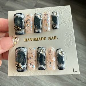 Handmade Black & Nude Glitter Marble Press-On Nail Set